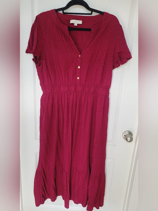LOFT Dresses & Skirts - LOFT Cranberry Red Swiss Dot Tiered Midi Dress Gold Buttons Women's Size XL